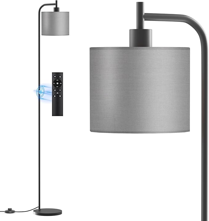 Floor Lamp with Linen Shade, Dimmable Tall Standing Lamp with Remote Control & 3 Color Temperatures, Modern Corner Floor Lamps for Living Room Bedroom Office, 9W LED Bulb Included