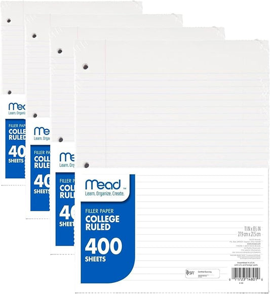 Mead Loose Leaf Paper, College Ruled Filler Notebook Paper, 8-1/2" x 11", 400 Sheets, Fits 3-Ring Binder (170046-ECM) (Pack of 4)