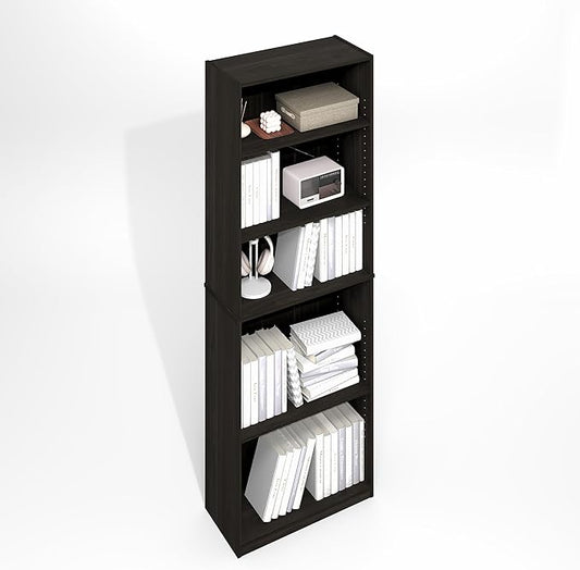 Furinno Jaya Simply Book Shelf, 5-Tier Bookshelf, Bookcase with Adjustable Shelves, 9.5 x 24.5 x 71.2, for Living Room, Bedroom, Home Office, Black Espresso