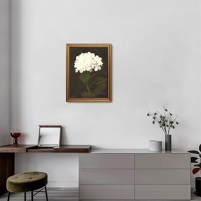 Gold Framed Wall Art Vintage Canvas Wall Art White Hydrangea Flower Floral Artwork Prints Picture for Living Room Bedroom Farmhouse Bathroom Office Decor, 12x16