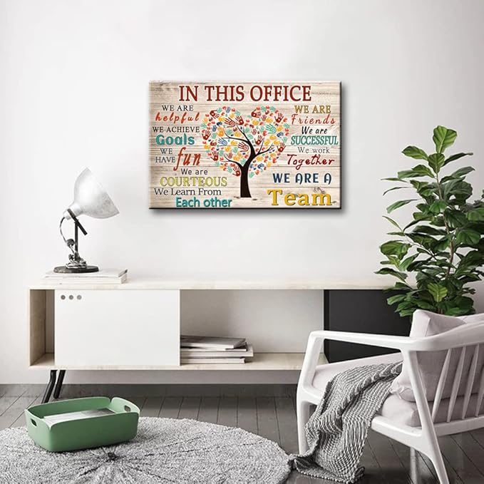 WHAOMIOT Inspirational Wall Art Poster - Positive Office Wall Decor Print Canvas In This Office We Are A Team Best Motivational Quotes Modern Office Decorations (24x16 Inch, Frameless)