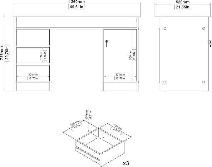 Tvilum Function Plus Computer Desk with Storage Cabinet, 3 Handle-Free Drawers, Two-Tone White and Oak Color Finish