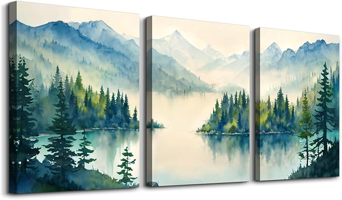 SERIMINO Nature Landscape Wall Art for Living Room, Green Forest Mountain Canvas Prints Paintings Room Decor, Lake Tree Cottagecore Modern Farmhouse Wall Decor Set of 3, 12"X16"