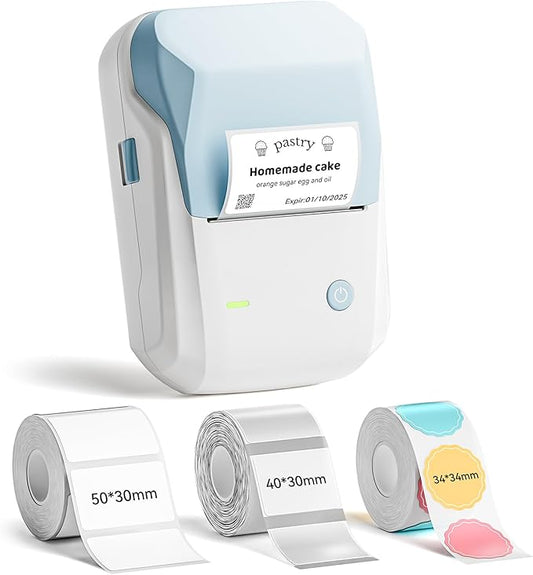 NIIMBOT B1 Label Maker Machine with 3 Tapes, 50x30mm White/40x30mm Clear/34x34mm Round, Bluetooth Thermal Label Printer for Small Business,Office,Home,School (Light Blue, 1 Printer+3 Roll Label)