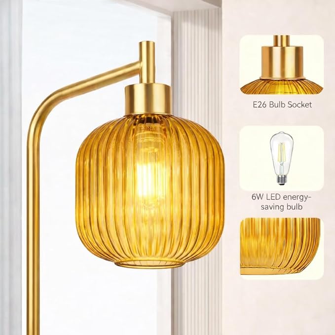 Glass Floor Lamp for Living Room, Dimmer Standing Lamp with Green Ribbed Lampshade,66” Tall Lamp & Gold Floor Lamp for Bedroom Study Room,Brushed Gold (Drum Amber Glass Shade)