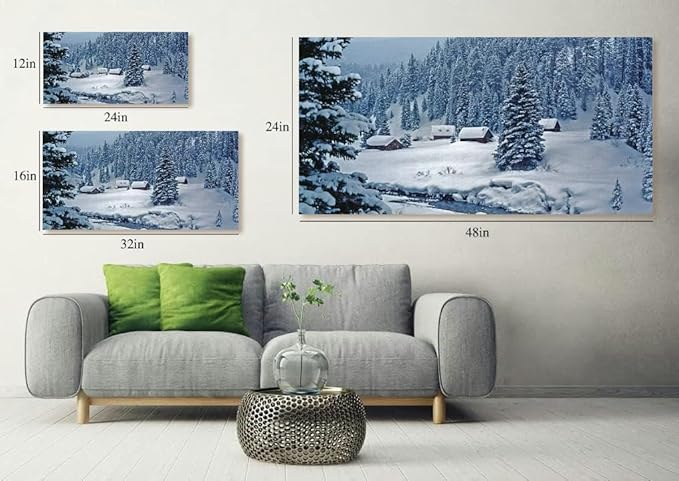 Snowy log cabins ethereal moonlight Canvas Wall Art Large Framed Prints Pictures Wall Decor Posters Painting Artwork for Living Room Bedroom Kitchen Bathroom 12x24