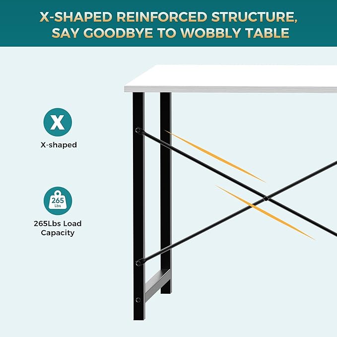DUMOS 55 Inch Small Computer Desk for Home Office, Modern Study Work Table Simple Style for Bedroom, Writing Desks with X-Shaped Reinforcement, Wood White