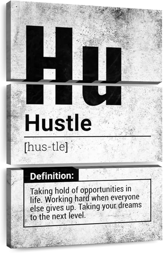 Elephant Stock - Hustle Definition Grunge Wall Art - Vertical Multi Panel Canvas - 3 Piece Living Room Wall Decor - Digital Art Inspirational And Typography Multi Piece Wall Art - Black And Gray Decor - 28" x 45"