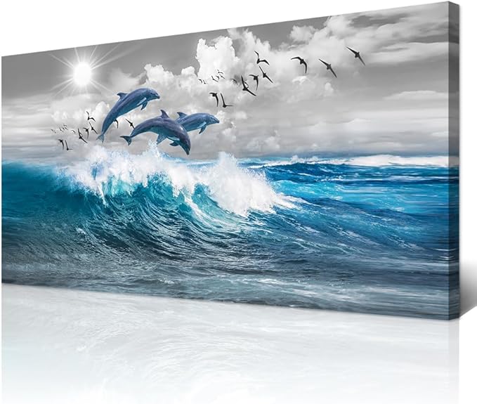 Wapluam Wall Decor For Living Room Large Canvas Wall Art For Bedroom Blue Wave Of The Sea Pictures Artwork Modern Office Canvas Print Dolphins Wall Paintings Ready To Hang Stretched and Framed
