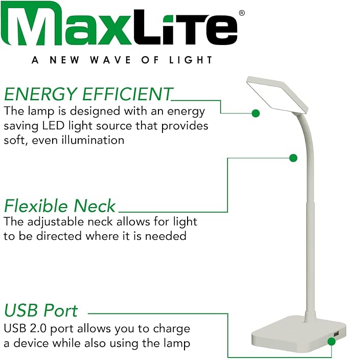 MaxLite Desk LAMP LED 4W Slim 3000K, USB Port, White Finish