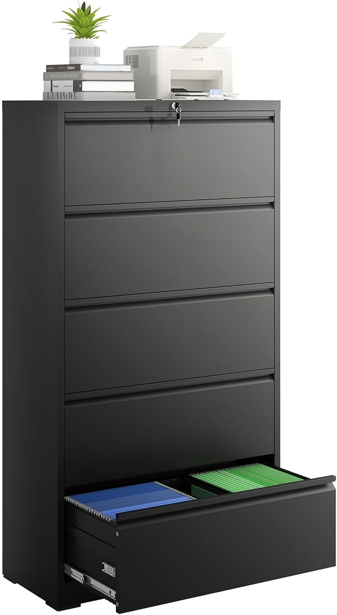 5 Drawer File Cabinet with Lock, Lateral Filing Cabinets,Metal Storage Filing Cabinets for Home Office, Heavy Duty File Cabinet for Letter/Legal/A4/F4 Size Amsseble Required, Black