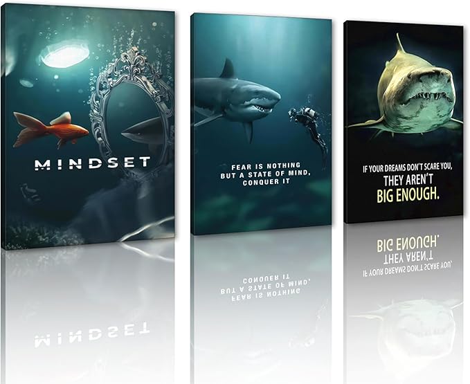 3 Piece Shark Wall Art - Framed Motivational Quotes Canvas Prints Inspirational Wall Decor for Living Room, Office & Home Decor, Ready to Hang (12x16 inx3)