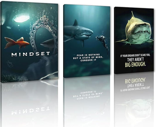 3 Piece Shark Wall Art - Framed Motivational Quotes Canvas Prints Inspirational Wall Decor for Living Room, Office & Home Decor, Ready to Hang (12x16 inx3)