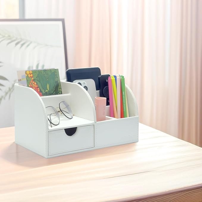 UnionBasic Desk Organizer - Multifunctional Leather Desktop Pen Holder Storage Box - Business Card/Pen/Pencil/Mobile Phone/Stationery Holder, White
