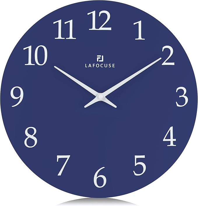 Lafocuse 12 Inch Wooden Navy Blue Wall Clock Battery Operated, Simple Minimalist Silent Kitchen Wall Clock for Living Room Decor Bedroom (Metal Hands)