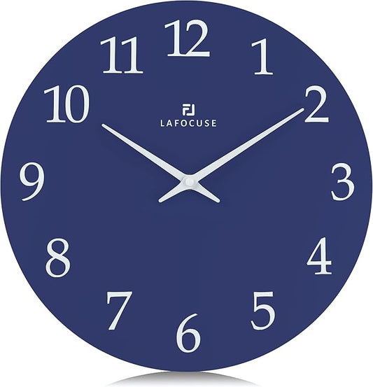 Lafocuse 12 Inch Wooden Navy Blue Wall Clock Battery Operated, Simple Minimalist Silent Kitchen Wall Clock for Living Room Decor Bedroom (Metal Hands)