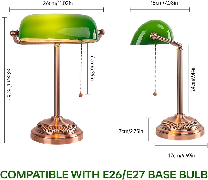 FIRVRE Green Glass Bankers Desk Lamp, Traditional Banker's Lamp, Vintage Desk Lamp with Pull Chain Switch, Retro Table Lamps for Home Office, Library, Piano
