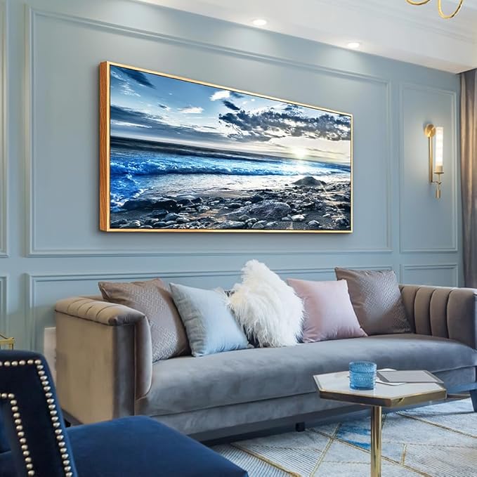 Lapremoly Blue Beach Sun Ocean Landscape Painting Large Wall Art For Living Room Wood Framed Wall Decor For Bedroom Modern Office Decor Canvas Prints Artwork Seascape Hang Pictures Home Decoration