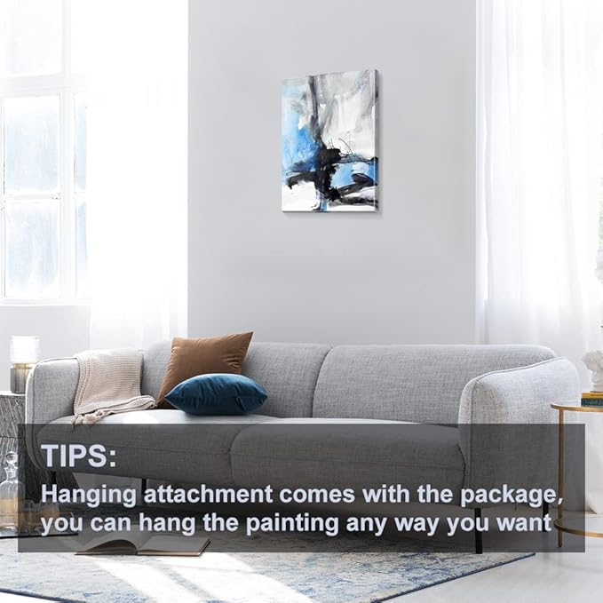 Large Abstract Canvas Wall Art Modern Aquarelle Art Paintings Black and Blue Fantasy Colorful Graffiti on White Background Minimalist Artwork Decor for Living Room Bedroom Corridor Framed 24x16in