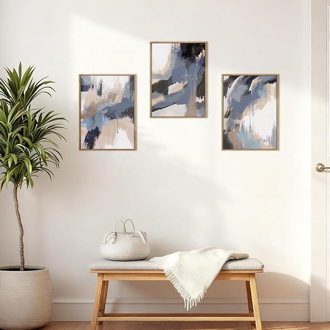 BINCUE Blue Neutral Wall Art Blue Abstract Wall Decor Modern Abstract Artwork for Living Room Bedroom Office 12x16 Inch Set of 3