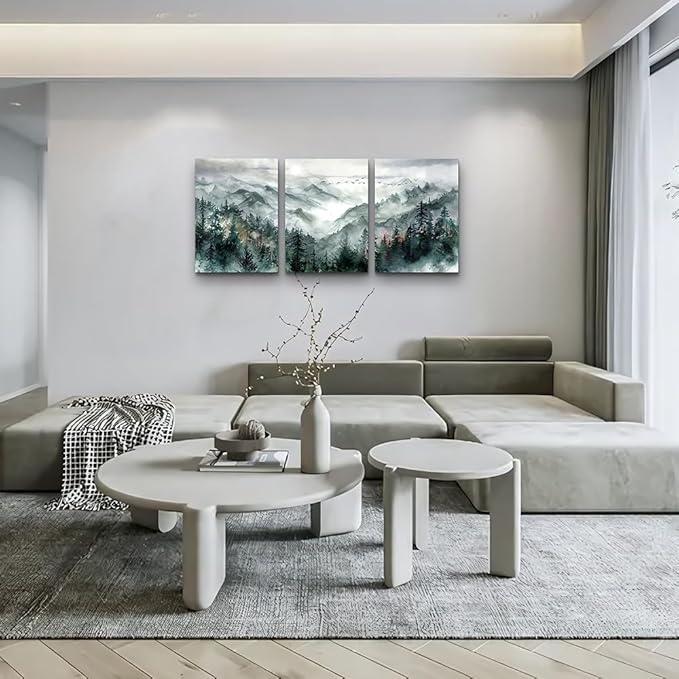 TTHYUEWS Wall Art for Bedroom Wall Decor for Living Room Office Decor Mountain Forest Landscape Wall Pictures Watercolour Paintings Artwork 3 Piece Canvas Art Prints Ready To Hang Home Decoration