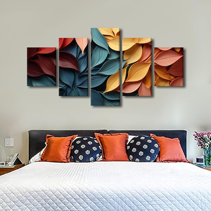 Creative Canvas Wall Art for Men Room Decor Autumn Leaves Paintng Prints on Canvas Red Yellow Blue Canvas Wall Art for Bedroom Decor 5 Panel Wall Art Stretched and Framed Ready to Hang 60x32 in
