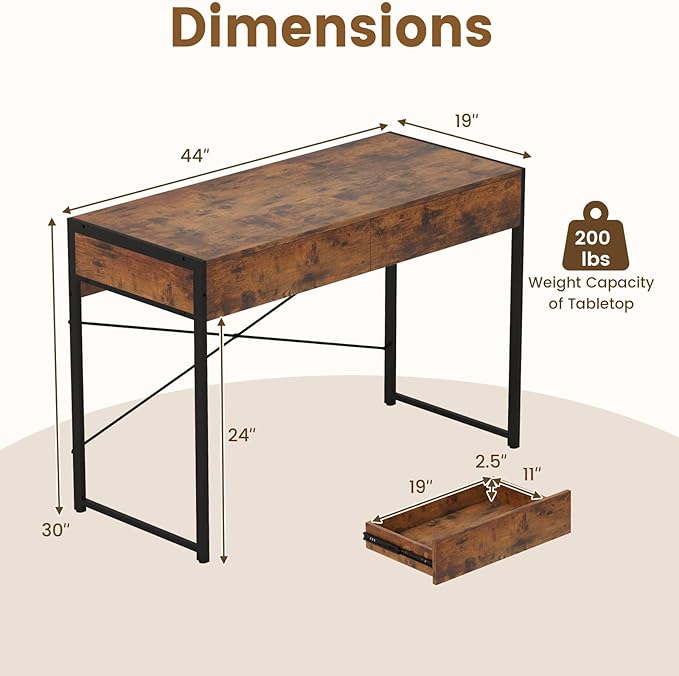 Giantex Computer Desk with 2 Drawers, 44 Inch Home Office Desk with Anti-Toppling Device & Metal Frame, Compact Laptop PC Table, Vanity Table, Modern Study Writing Desk for Small Spaces (Rustic Brown)