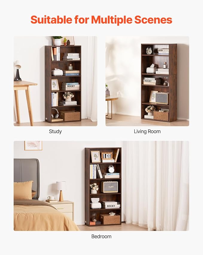 VEVOR 5 Tiers Narrow Bookshelf, 53 in Wooden Open Bookcase with Height-Adjustable Shelf, Freestanding Tall Display Storage Floor Bookcase Bookshelf for Library, Bedroom, Living Room, Office, Brown