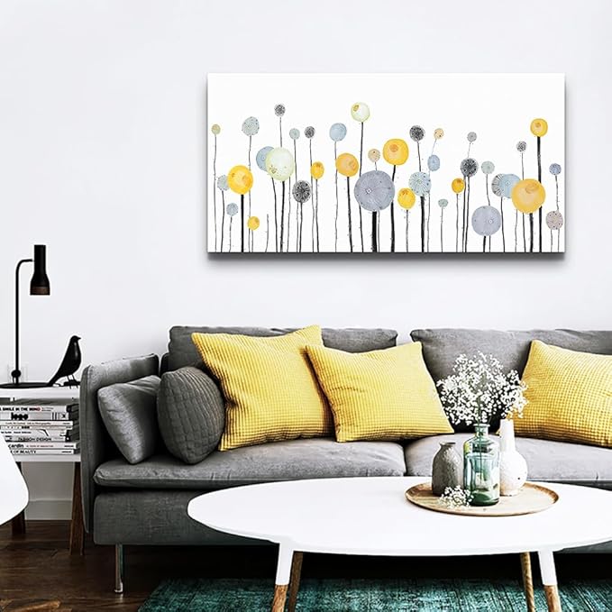 MHARTK66 Abstract Canvas Wall Art Dandelion Modern Minimalist Wall Decor – Neutral Yellow Gray Watercolor Paintings Stretched Ready to Hang Pictures for Living Room Bedroom Bathroom Home Office 30x60