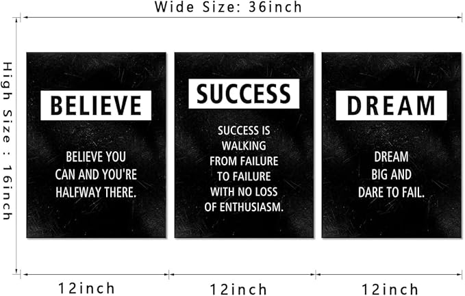 3 Piece Motivational Wall Art - Framed Believe Success Dream Canvas Prints Positive Quotes Poster Inspirational Wall Decor Office Picture Black Inspiring Artwork Modern Painting for Home, 12x16 in