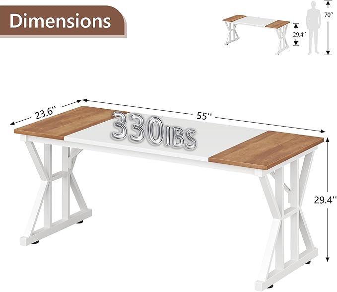 TVU Computer Desk, 55 inch Large Office Desk, Study Writing Table with Thicken Frame, Gaming Desk, Modern Simple Desk for Home Office, Brown/White