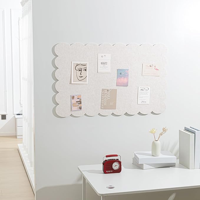 Scalloped Felt Bulletin Board 36 x 18 Inches Foldable Beige Pin Cork Board Alternative for Wall, 3' x 1.5' Trifold Picture Vision Self Adhesive Bulletin Decorative