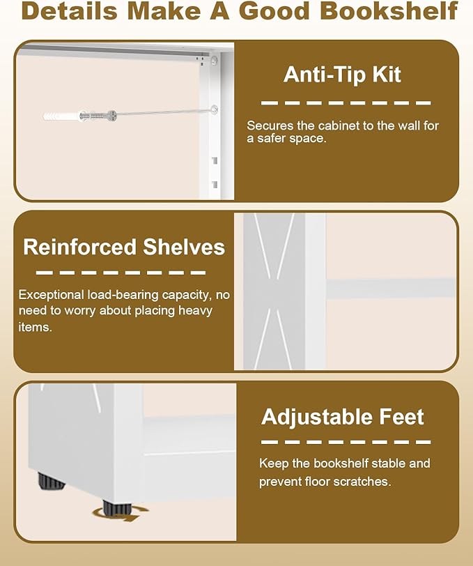 Book Shelf, 3-Tier Steel Bookcase Adjustable with Anti-Tip Device & Leveling Feet, Heavy-Duty Metal Storage Organizer, Modern Corner Shelves for Kitchen, Garage, Home Office - White