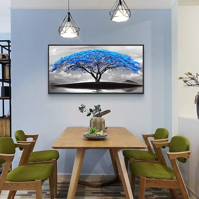 Framed Canvas Wall Art For Living Room Large Size Office Wall Decor Bedroom Decor Pictures Artwork Black And White Landscape Blue Tree Moon Wall Painting Home Decorations Black Frame 20" X 40"