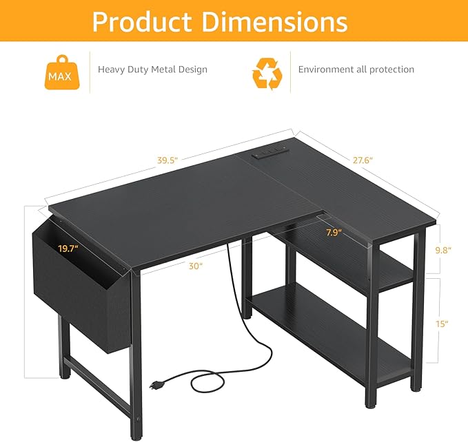 DLisiting Small L Shaped Gaming Desk with Shelves, 40 Inch Small Corner Computer Gaming Desk for Boys Teens Bedroom, Study Work PC Desks for Home Office Bedroom, Black