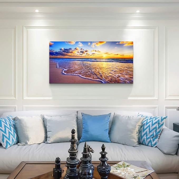 MHARTK66 Beach Sunset Wall Art Coastal Decor Seascape Canvas Prints Ocean Picture for Living Room Artwork for Walls Waves Sea Poster Landscape Painting Bedroom Wall Art Office Home Decoration 20"x 40"