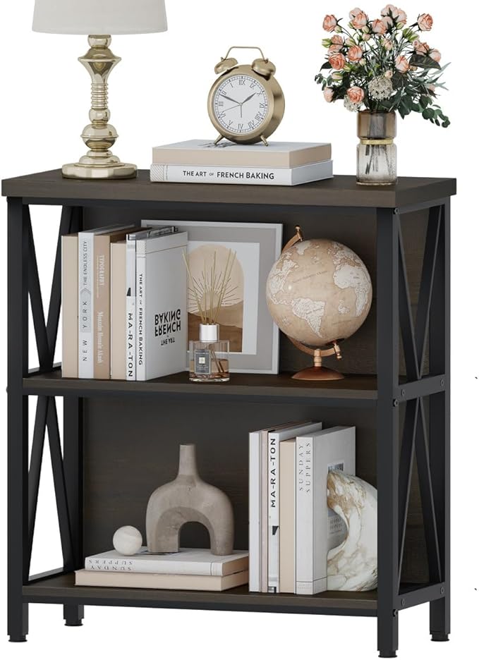 FATORRI Rustic Small Bookshelf for Small Space, Industrial Short Wood Bookcase, Farmhouse Low Book Shelf, 3 Tier Narrow Bookshelf for Living Room, Home Office, Hallway (Walnut Brown)