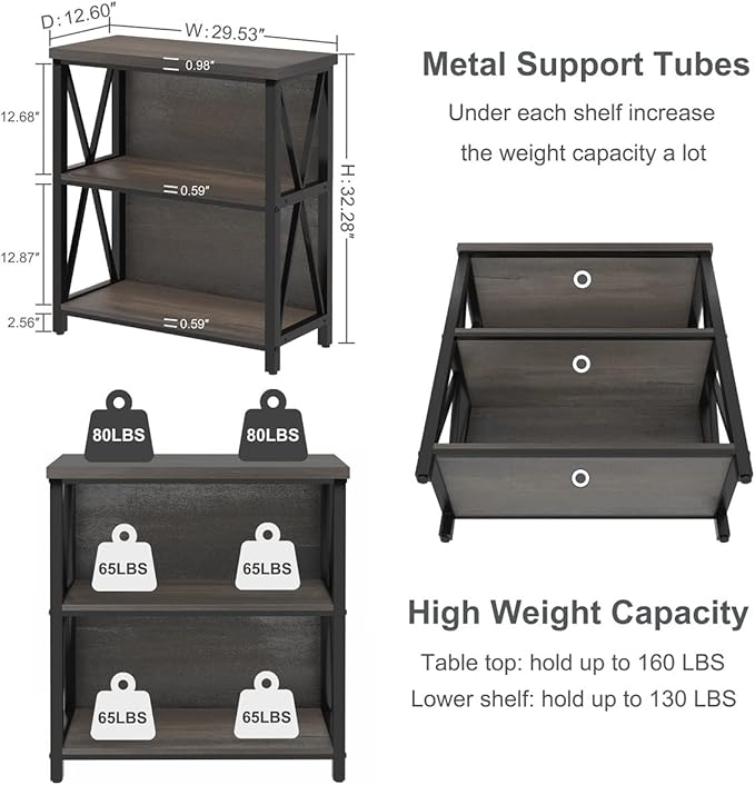 FATORRI Rustic Small Bookshelf for Small Space, Industrial Short Wood Bookcase, Farmhouse Low Book Shelf, 3 Tier Narrow Bookshelf for Living Room, Home Office, Hallway (Walnut Brown)