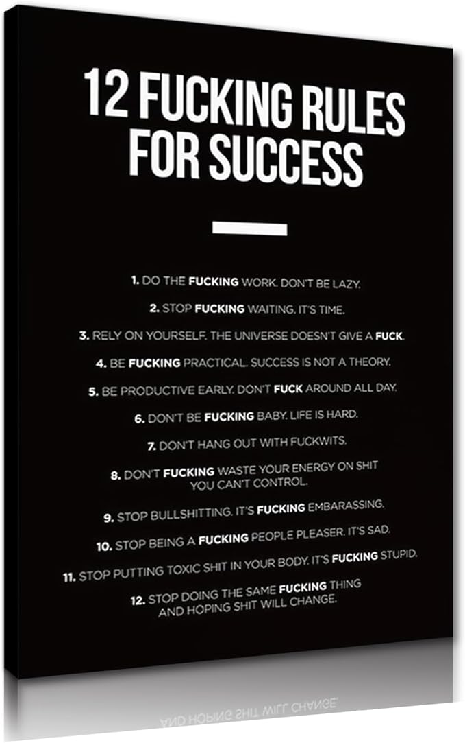Motivational Office Decor 12 Fucking Rules for Success Canvas Poster Print Black and White Inspirational Wall Art for Living Room Bedroom Framed Ready to Hang 18x24 inch