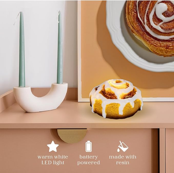 Cinnamon Bun Desk Light, Cute Resin College Lamp for Dorm Room or Kids Bedroom, Warm White LED Light, Battery Operated Decor for Girls & Home Office