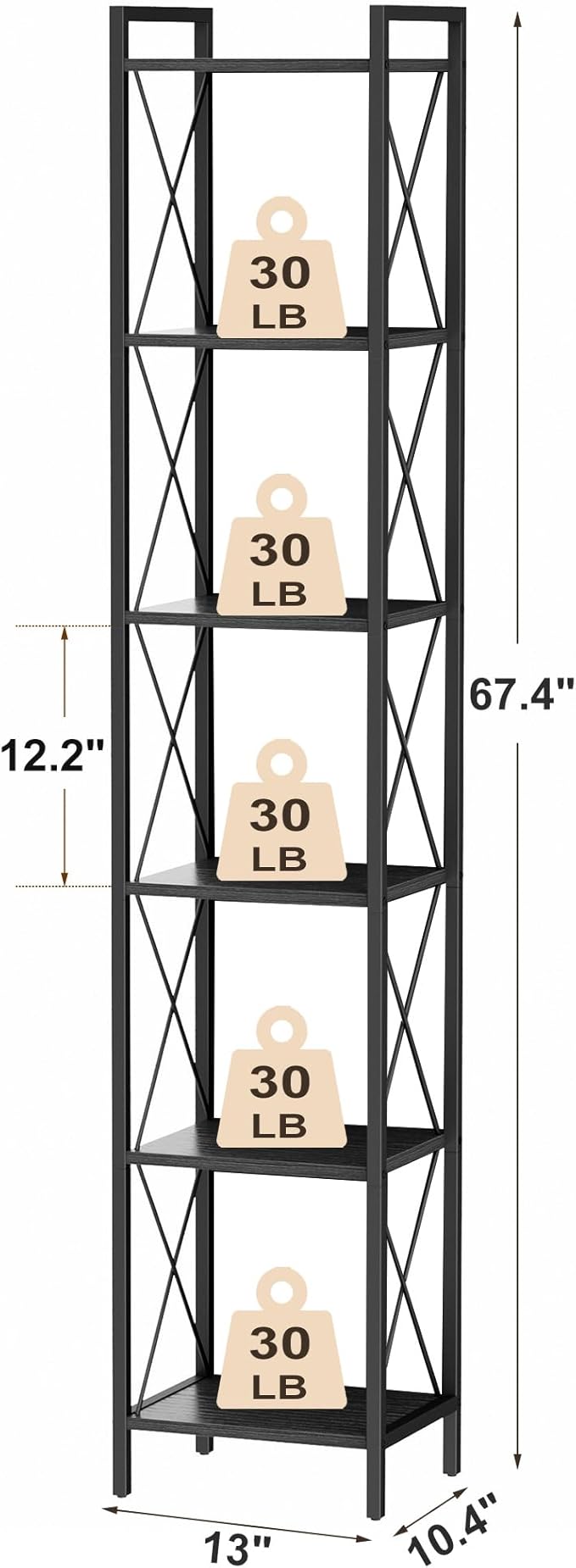 Homhedy 6 Tier Bookshelf, Tall Narrow Bookcase for Small Space, Metal Storage Book Shelf, for Home Office, Living Room, Kitchen, Bedroom, Industrial Style, 10.4" D x 13" W x 67.4" H, Black