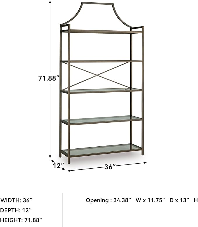 Signature Design by Ashley Bernonly Traditional Metal Etagere 72" Bookcase with 5 Glass Shelves, Metallic