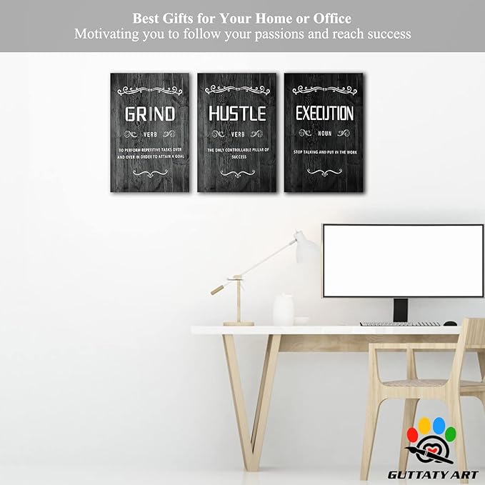 Office Wall Art - 3 Panel Motivational Wall Art, Inspirational Quotes Canvas Art for Home Office Wall Decor, Positive Quotes Wall Decor, Entrepreneur Grind Hustle Execution Poster Frame (12”x24”x3Pcs)