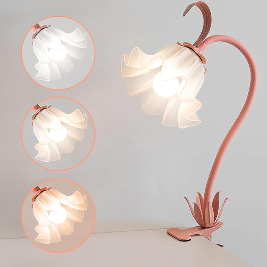 Flower Lamp Clip on Light, 3 Color Modes Eye-Caring Desk Lamp with Clamp, Dorm Room Essentials, Flexible Neck Reading Clamp Lamps for College Bedside Bookshelf Studying Room (Pink)