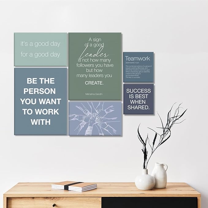 YEOION Inspirational Office Wall Art for Women,Motivational Teamwork Wall Decor for Office,Light Bule and Green Postive Quote Workplace Canvas Wall Art for Set of 6