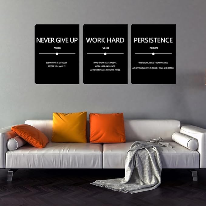 Yetaryy Motivational Quotes Canvas Wall Art - Persistence & Work Hard Themes, 3 Pieces, Black, 20"x28", Office, Gym, Living Room, Bedroom Decor