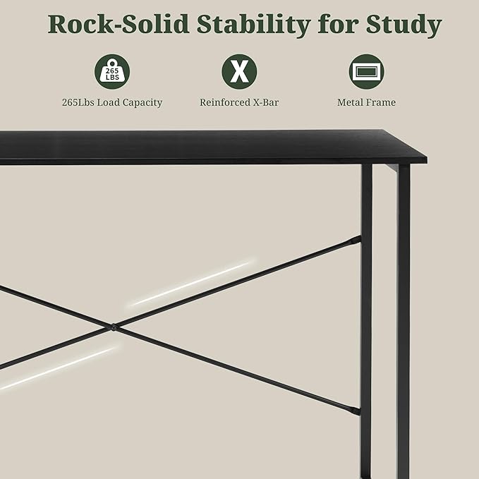 Computer Desk 48 Inch, Simple Home Office Desk Study Writing Table, Sturdy Metal Frame, Scratch-Resistant MDF Desktop for Bedroom Dorm Workspace, Black