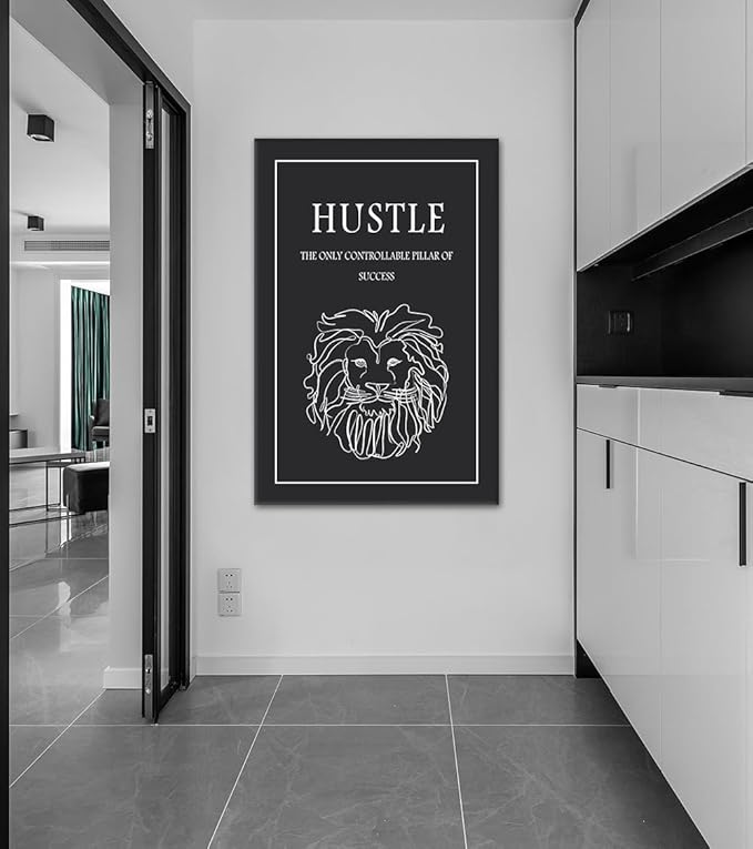 Hustle Motivational Wall Art, Black and White Lion Head Canvas Print with Inspirational Quotes Wall Decor, Encouraging Success Painting for Office Living Room Home Gym Workplace, Framed 28x44 in
