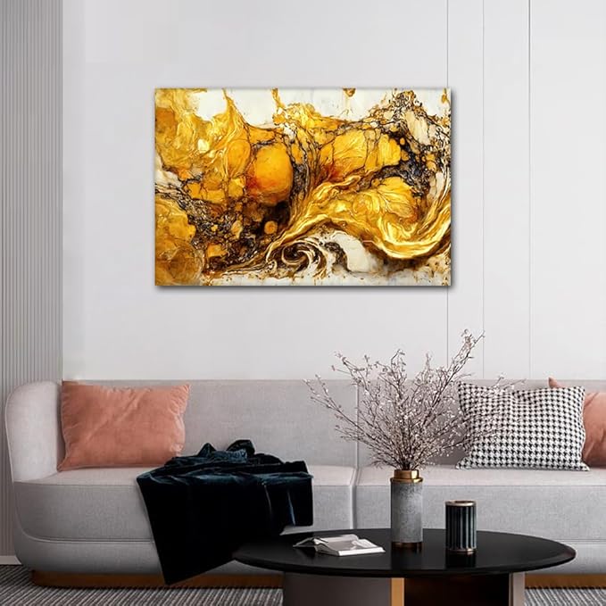 Canvas Wall Art for Home Decor Modern Abstract Artwork Gold and White Poster Prints on Canvas 1 Panel Canvas Art for Men Lady Living Room Bedroom Decor Stretched and Framed Ready to Hang 36x24 in