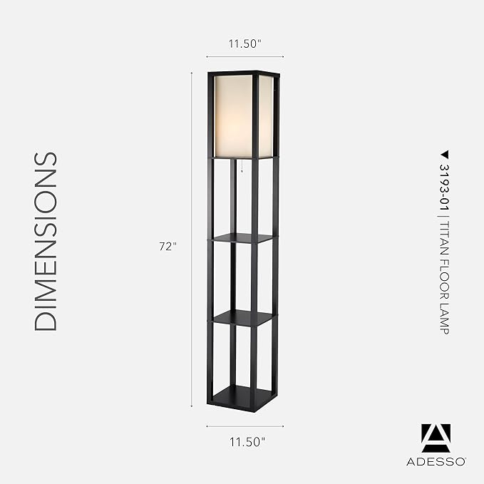 Adesso Square Floor Lamp with 3-Tier Open Shelves, Black Base, Fabric Shade, 72” T x 10.5” W, Extended Length Cord, Enhances Room Decor and Home Lighting